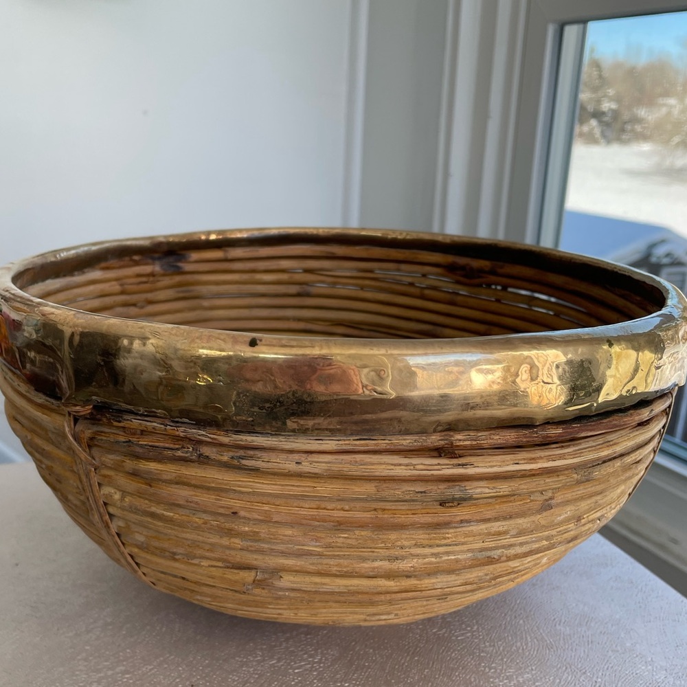 Vintage pencil reed basket with brass trim, handmade, could be polished